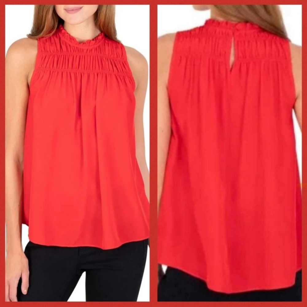 Joie M Cayenne Red Babydoll  Smocked Sleeveless Ruffled High Neck Blouse